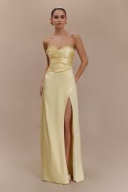 Larissa Satin Maxi Dress With Ruched Petals - Lemon at Meshki